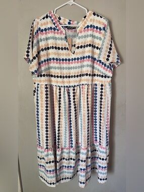 BloomChic White Dot-Stripe Midi Dress with Navy, Pink, Peach, and Light Blue